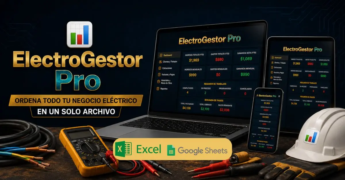 ElectroGestor Pro — hoja de cálculo para gestionar tu negocio eléctrico: clientes, cotizaciones, facturas y reportes en Excel y Google Sheets