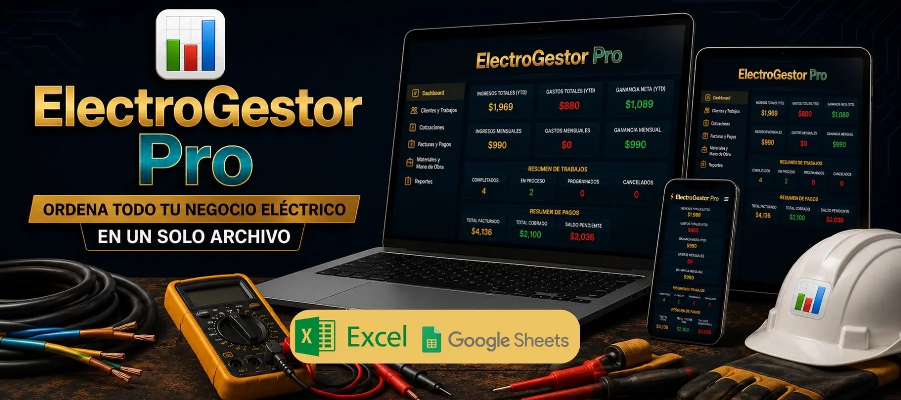 ElectroGestor Pro — hoja de cálculo para gestionar tu negocio eléctrico: clientes, cotizaciones, facturas y reportes en Excel y Google Sheets